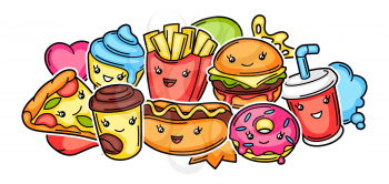Background with cute kawaii fast food meal. Tasty funny characters of fastfood.