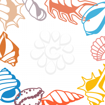Frame with seashells. Tropical underwater mollusk shells decorative illustration.