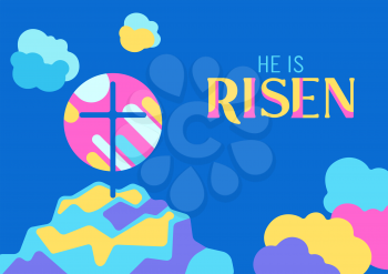 He is risen. Happy Easter greeting card. Illustration with religious symbol of faith.