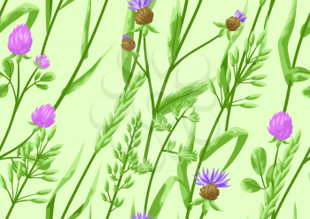 Seamless pattern with herbs and cereal grass. Floral ornament of meadow plants.