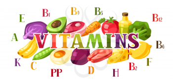 Vitamin food sources illustration. Healthy eating and healthcare concept.