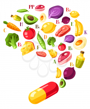 Vitamin food sources illustration. Healthy eating and healthcare concept.