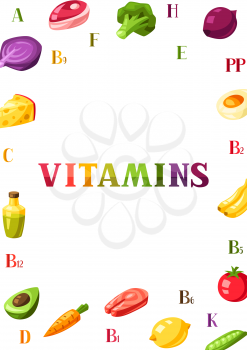 Vitamin food sources frame. Healthy eating and healthcare concept.