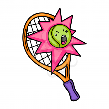 Kawaii illustration of tennis racket and ball. Cute funny sport characters.