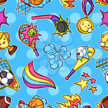 Seamless pattern with kawaii sport items. Cute funny characters. Illustration for competition and tournament.