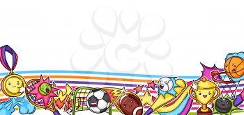 Background with kawaii sport items. Cute funny characters. Illustration for competition and tournament.