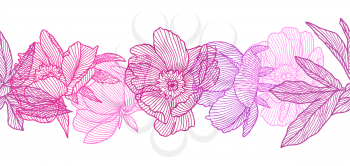 Seamless pattern with linear peonies. Beautiful decorative stylized summer flowers.