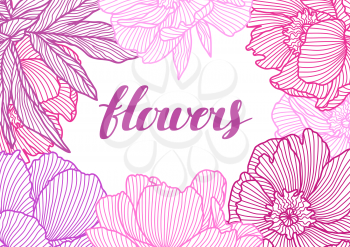Background with linear peonies. Beautiful decorative stylized summer flowers.