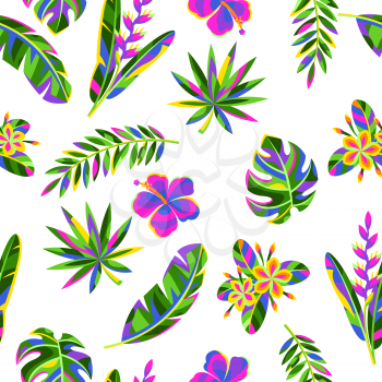 Seamless pattern with tropical flowers and palm leaves. Summer exotic floral decorative background.