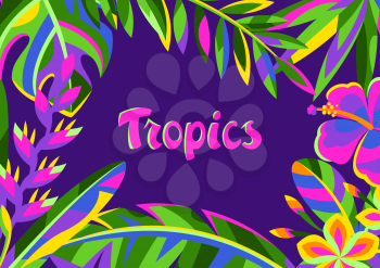 Background with tropical flowers and palm leaves. Summer exotic decorative illustration.
