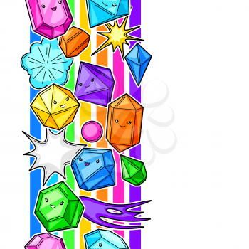 Seamless pattern with cute kawaii crystals or gems. Jewel stones funny characters.