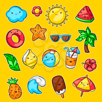 Set of cute kawaii summer items. Vacation and beach funny character.