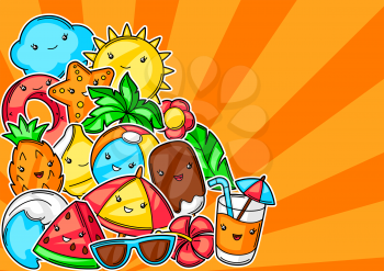 Background with cute kawaii summer items. Vacation and beach funny character.
