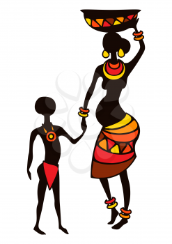 Illustration of stylized African pregnant woman and child. In tribal national clothes.