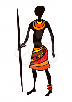Illustration of stylized African male hunter warrior. Man in tribal national clothes holding spear.