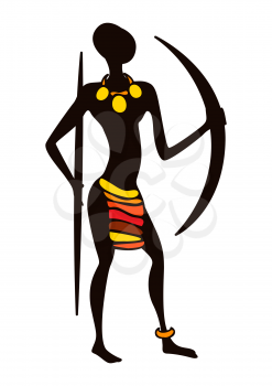 Illustration of stylized African male hunter warrior. Man in tribal national clothes holding bow and arrow.
