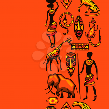 African ethnic seamless pattern. People, animals and masks of Africa.