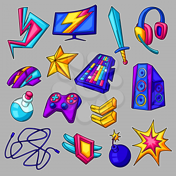 Set of gaming items. Cyber sports, computer games, fun recreation. Teenage creative illustration. Trendy symbols in modern cartoon style.