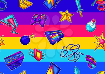 Seamless pattern with gaming items. Cyber sports, computer games, fun recreation. Teenage creative background. Trendy symbols in modern cartoon style.