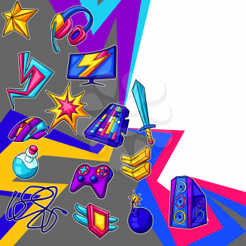 Background with gaming items. Cyber sports, computer games, fun recreation. Teenage creative illustration. Trendy symbols in modern cartoon style.