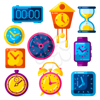 Set of different clocks. Stylized icons and objects for design and applications.