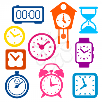 Set of different clocks. Stylized icons and objects for design and applications.