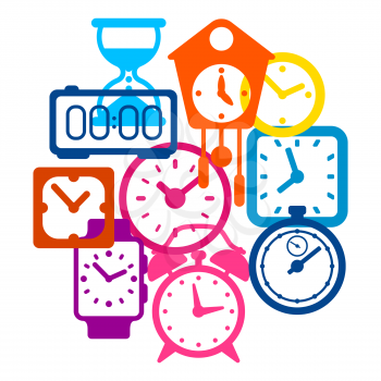 Background with different clocks. Stylized icons and objects for design and applications.