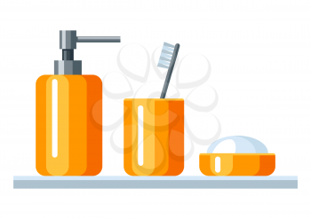 Illustration of soap and toothbrush in bathroom. Adversting icon or image for industry and shops.
