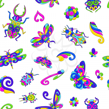 Seamless pattern with stylized bugs and insects. Mexican ceramic cute naive art. Ethnic decorative objects. Traditional folk floral ornament.