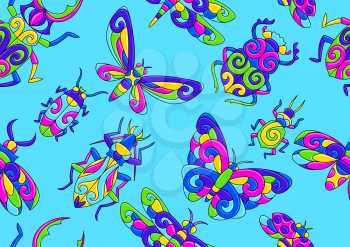 Seamless pattern with stylized bugs and insects. Mexican ceramic cute naive art. Ethnic decorative objects. Traditional folk floral ornament.
