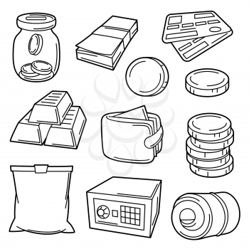 Set of banking and money icons. Business illustration with finance items. Economy and commerce stylized image.