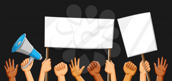 Illustration of hands with banners. Picket signs or protest placards on demonstration or protest. People holding blank demonstration posters. Raised fists and gestures.