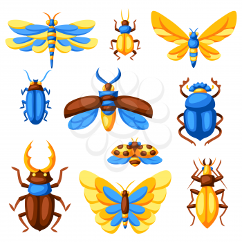 Set of insects. Stylized decorative butterflies, beetles and dragonflies.