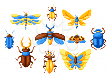 Background with insects. Stylized decorative butterflies, beetles and dragonflies.
