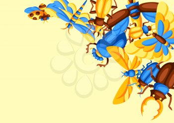 Background with insects. Stylized decorative butterflies, beetles and dragonflies.