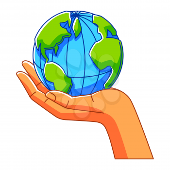 Illustration of hand holding Earth. Ecology icon or image for environment protection.