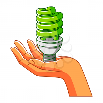 Illustration of hand holding energy saving light bulb. Ecology concept or image for environment protection.