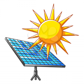 Illustration of solar panel and sun. Ecology icon or image for environment protection.