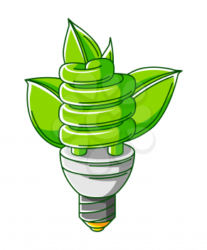 Illustration of energy saving light bulb with leaves. Ecology icon or green energy image for environment protection.