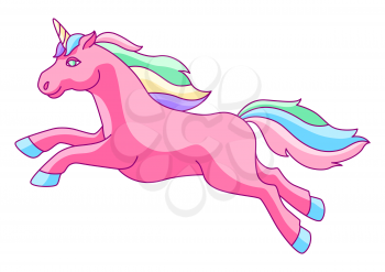 Fantasy pretty unicorn with colorful mane. Fairytale fun creature illustration.