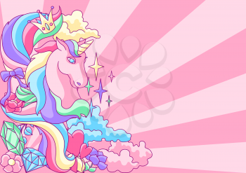 Background or card with unicorn and fantasy items. Fairytale cartoon children illustration.