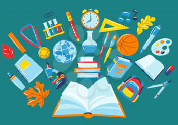 School background with education items. Illustration of colorful supplies and stationery.
