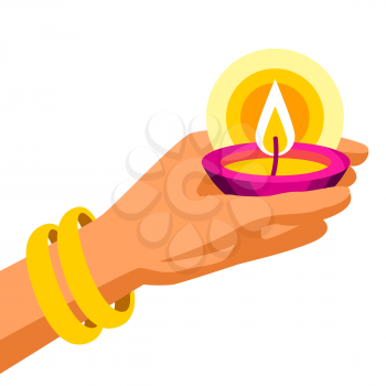 Illustration of Diwali hand holds oil lamp. Deepavali or dipavali festival of lights. Indian Holiday image of traditional symbol.