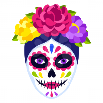 Traditional Mexican Catrina head skull. Dia de los muertos. Day of the Dead symbol with decoration and flowers.