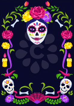 Day of the Dead decorative frame. Dia de los muertos. Mexican celebration. Holiday background with traditional symbols.