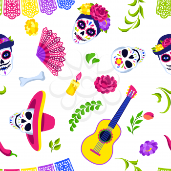 Day of the Dead seamless pattern. Dia de los muertos. Mexican celebration. Holiday background with traditional symbols.