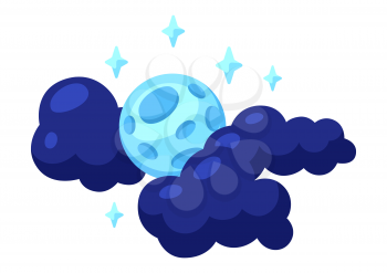 Cartoon illustration of moon in clouds. Happy Halloween celebration. Image for holiday and party.