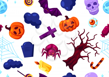 Happy Halloween seamless pattern with celebration items. Background for holiday and party.