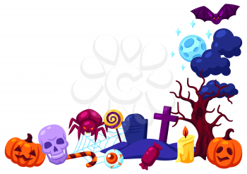 Happy Halloween decorative frame with celebration items. Illustration or background for holiday and party.