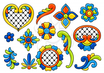 Mexican talavera set. Decoration with ornamental flowers. Traditional tile decorative objects. Ethnic folk ornament.